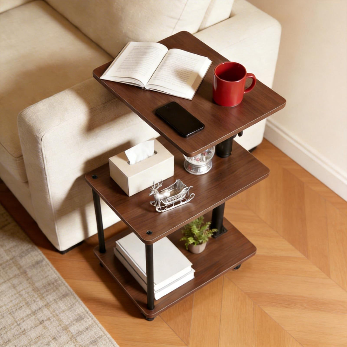 Bingyouth 360-degree swivel side table top view for easy reach of drinks and remotes.