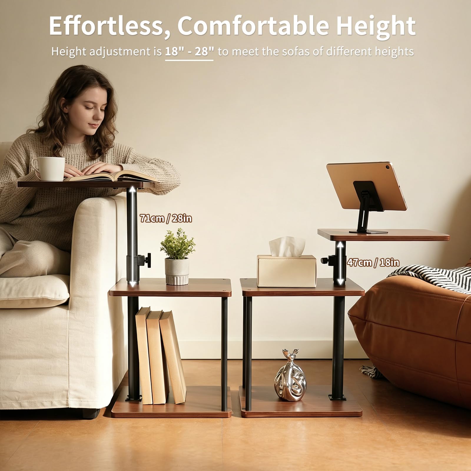 Bingyouth height-adjustable end table beside sofa for customized comfort.
