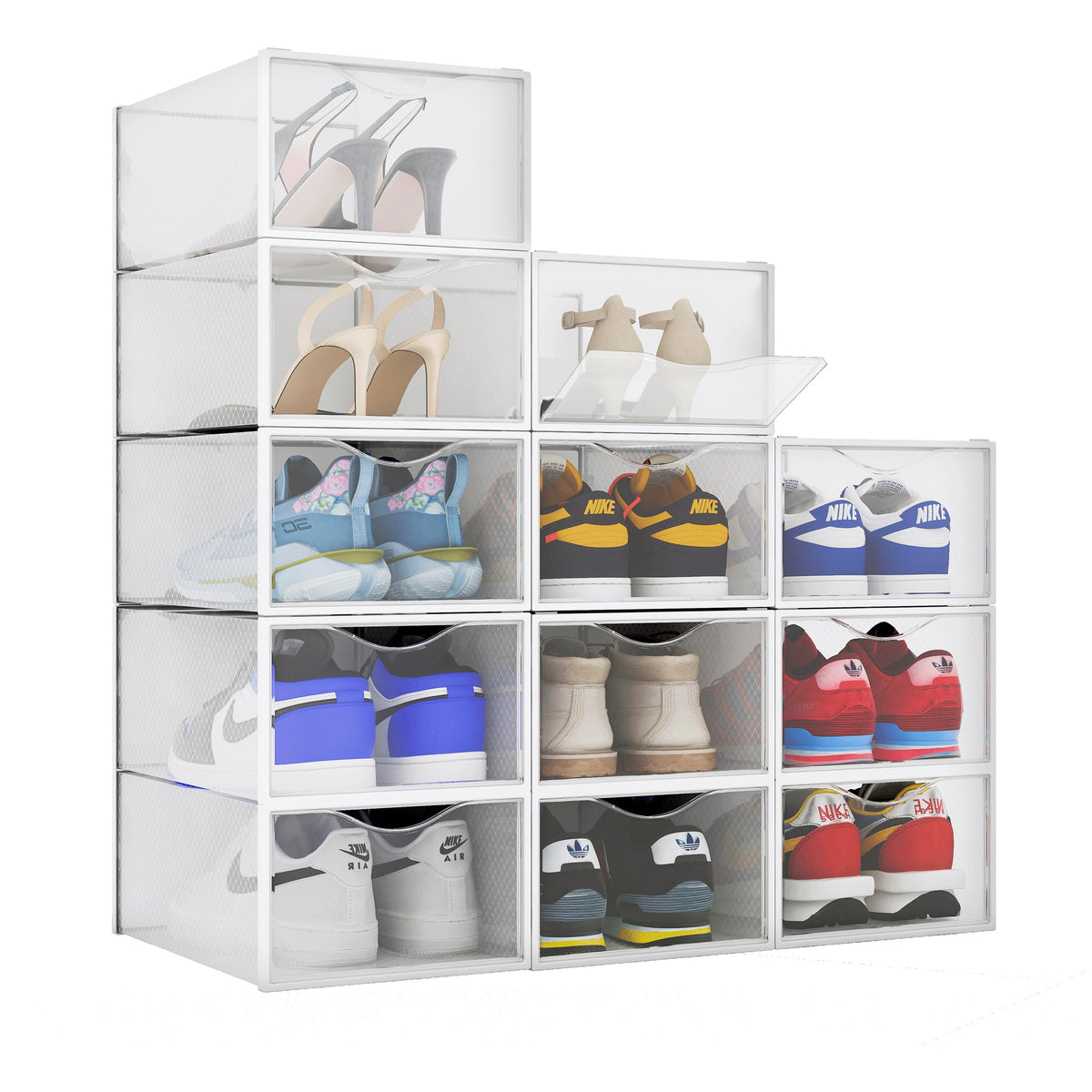 BINO 12-pack clear shoe boxes for quick selection.