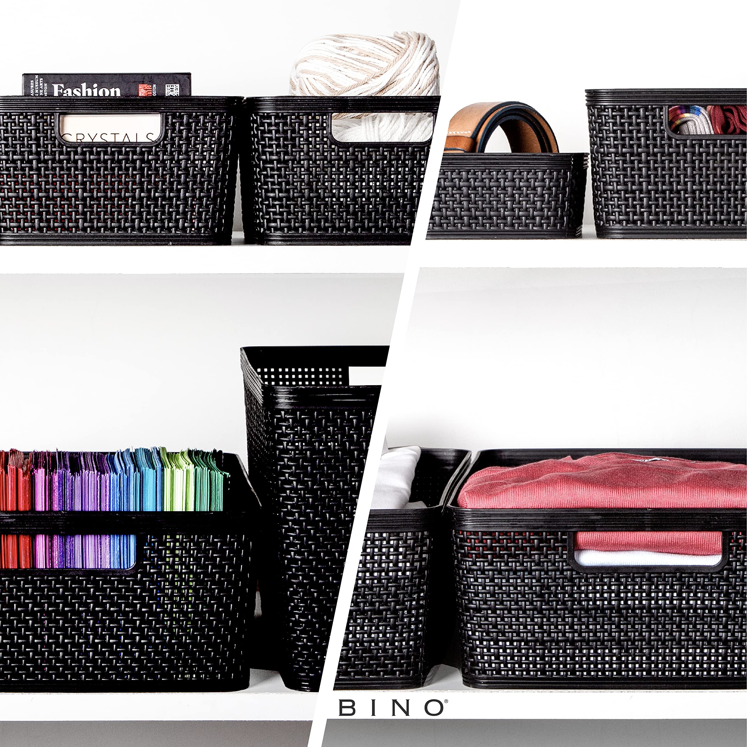 BINO four-pack closet storage neatly stacks on a shelf