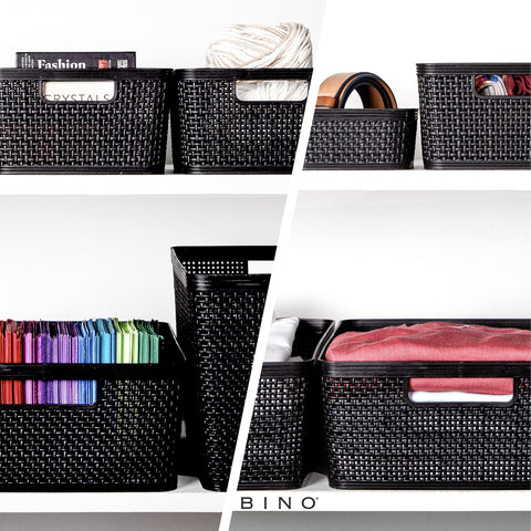 BINO four-pack closet storage neatly stacks on a shelf