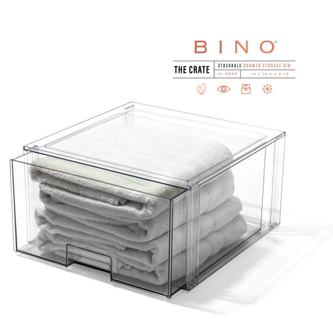 BINO Clear Stackable Drawer on fridge shelf boosts quick item visibility and reach.