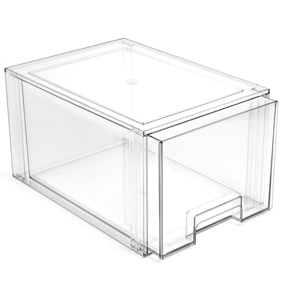 BINO clear stackable drawer on pantry shelf, providing see-through organization for quick access