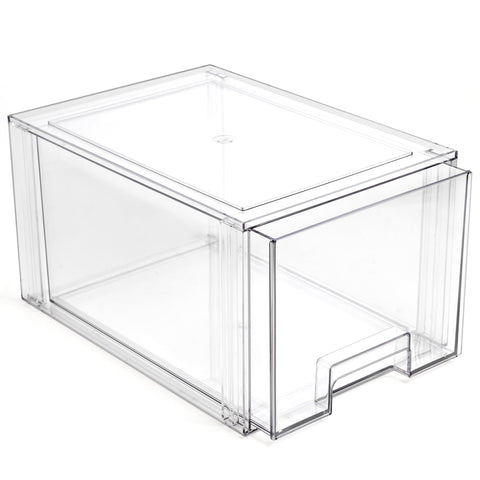 BINO clear stackable drawer on pantry shelf, providing see-through organization for quick access