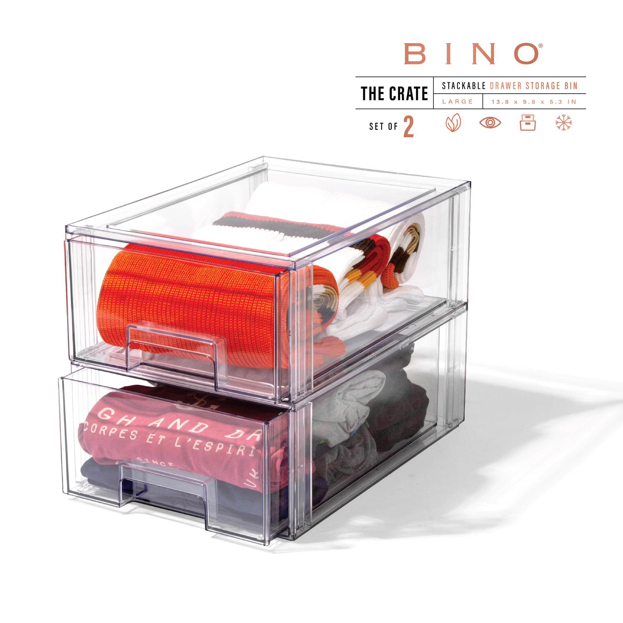 BINO stackable storage drawer set enhances closet or cabinet space with elegant design.