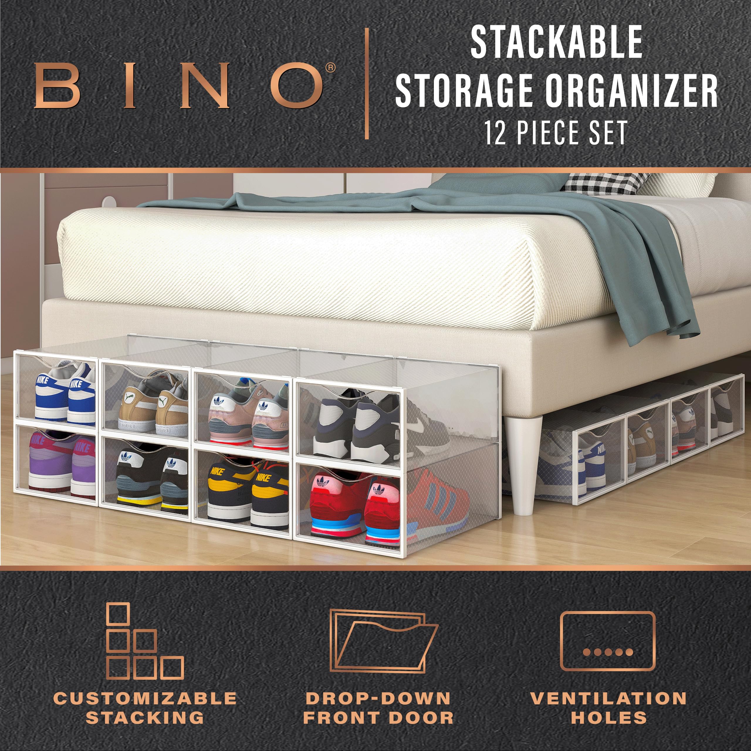 BINO drop-front shoe box enables easy access to sneakers.