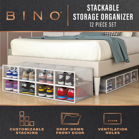 BINO drop-front shoe box enables easy access to sneakers.