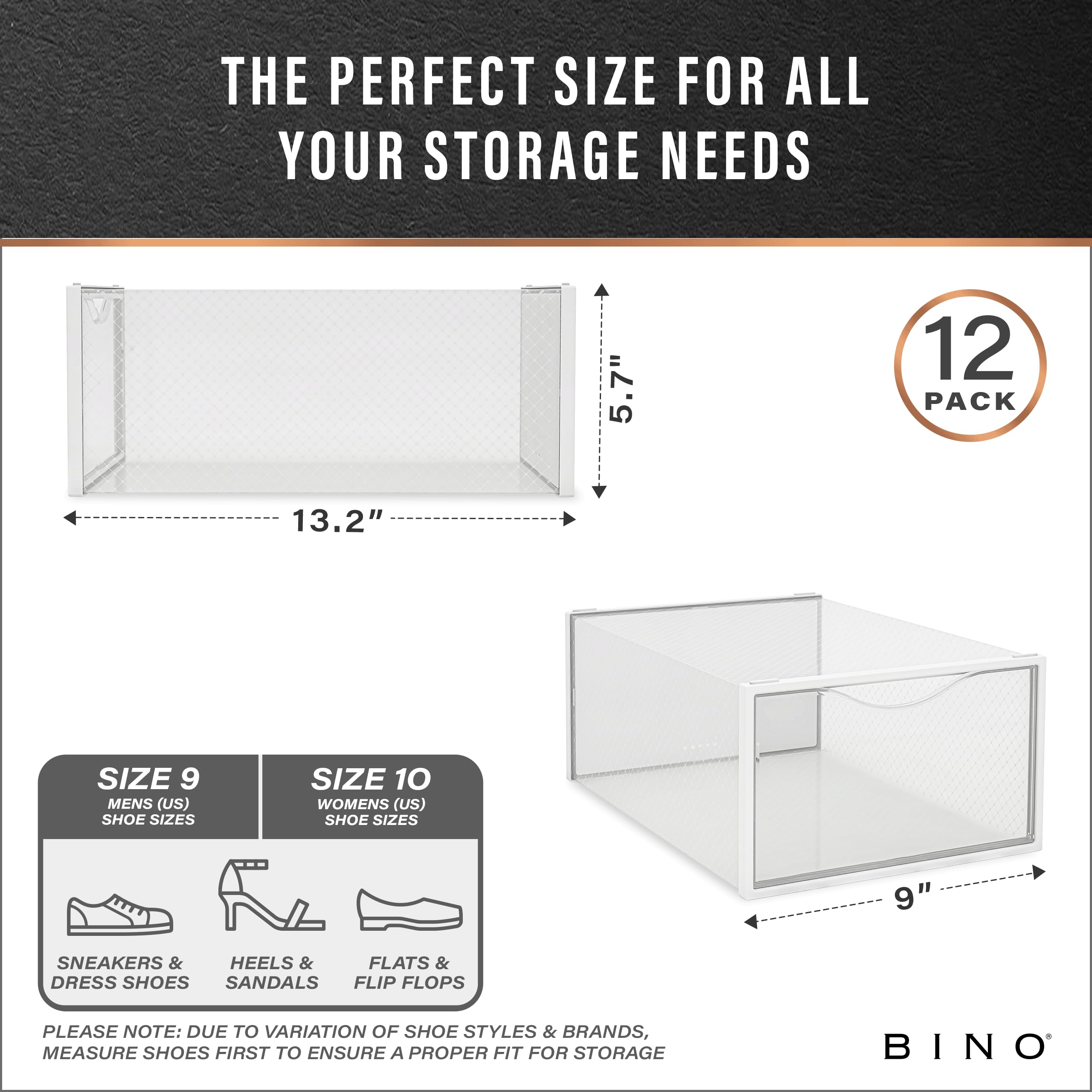 BINO foldable shoe boxes fold flat for compact storage.