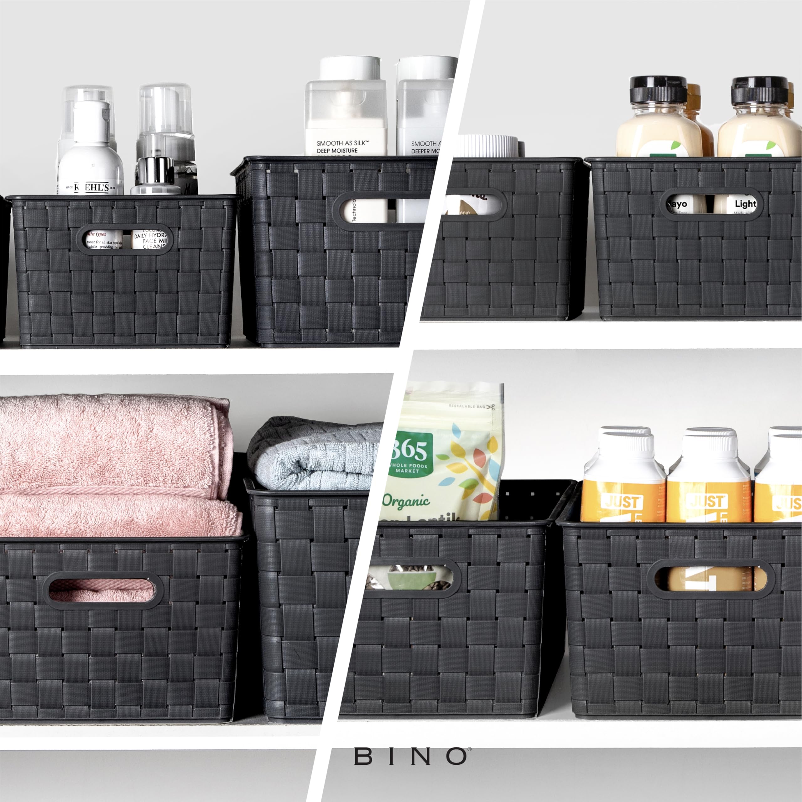 BINO plastic storage basket medium black on a desk for tidy loose items.