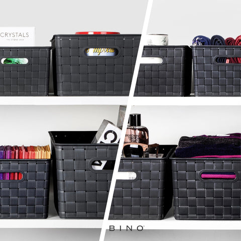 BINO plastic storage basket medium black stackable design for versatile shelving.