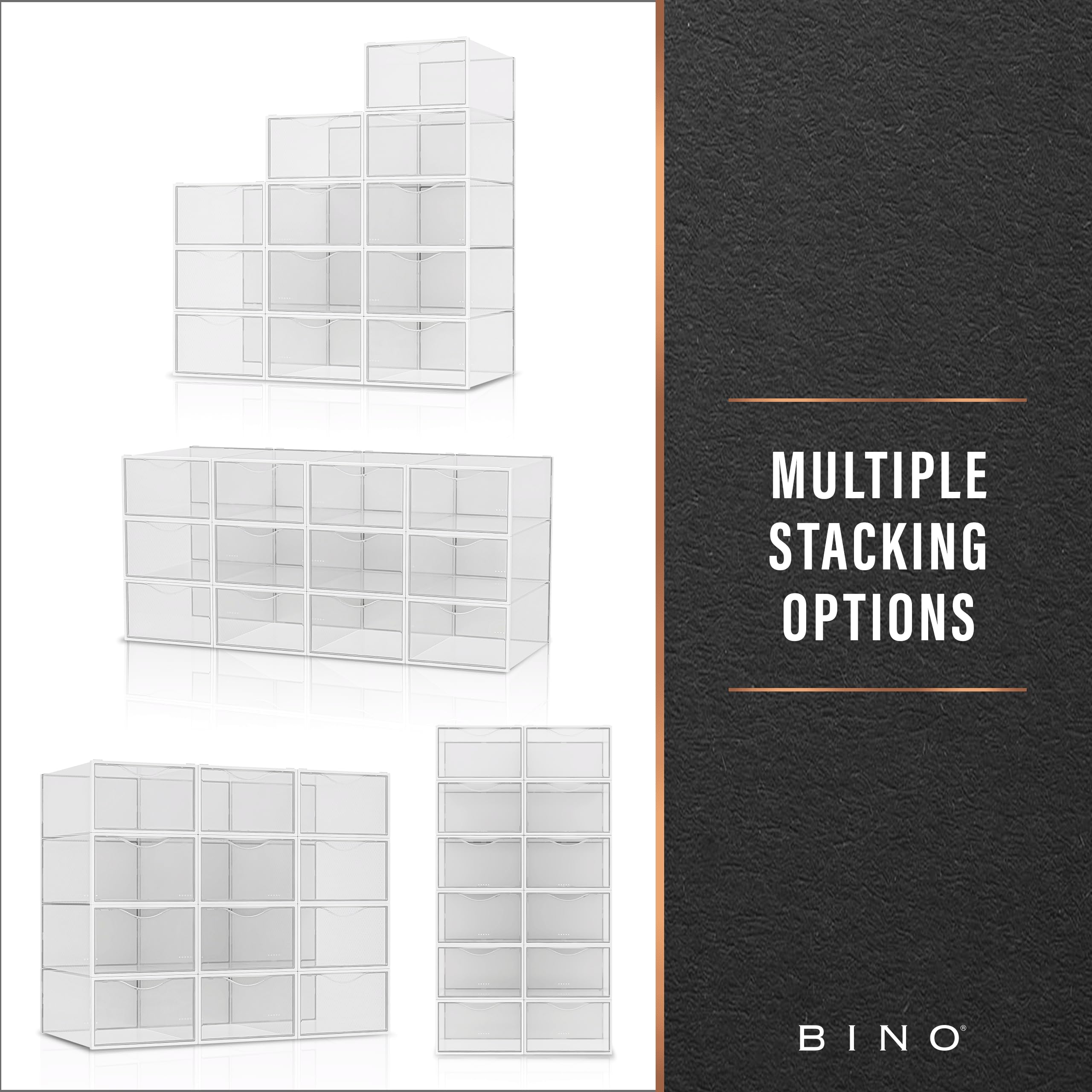 BINO storage boxes for sneakers, heels, and flats.