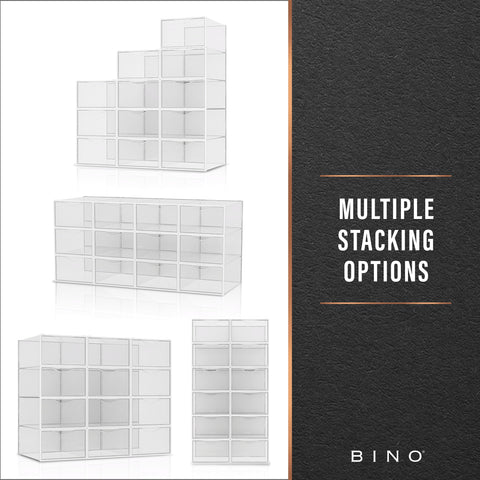 BINO storage boxes for sneakers, heels, and flats.