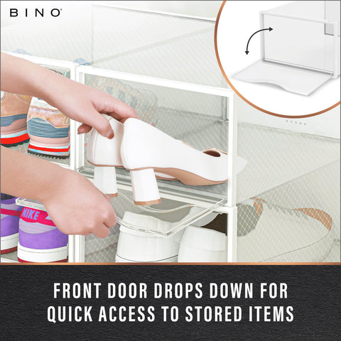 BINO stackable shoe boxes save closet space and organize pairs.