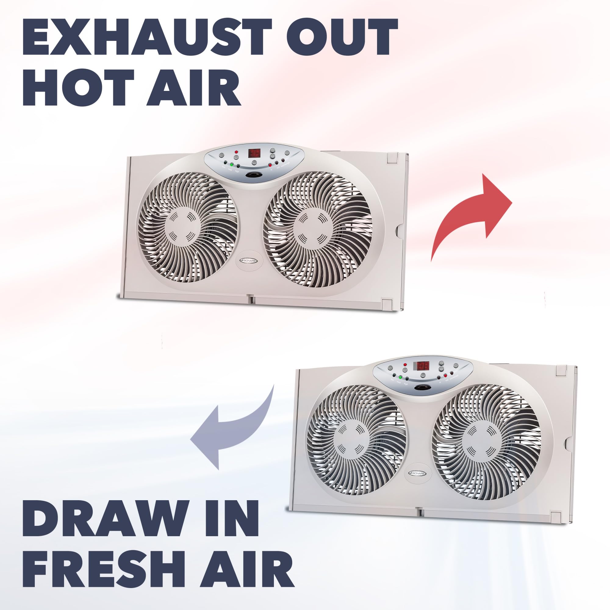 Bionaire window fan fits 24–36 inch windows with adaptable sizing.