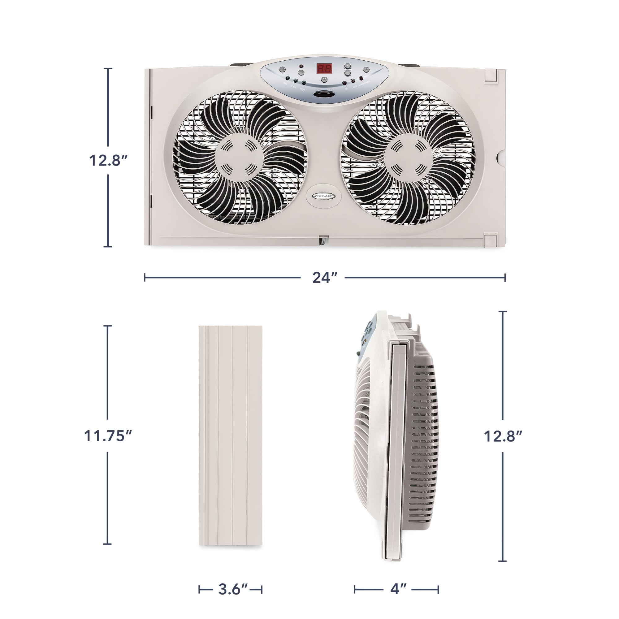 Bionaire window fan in a bedroom setup for versatile cooling.