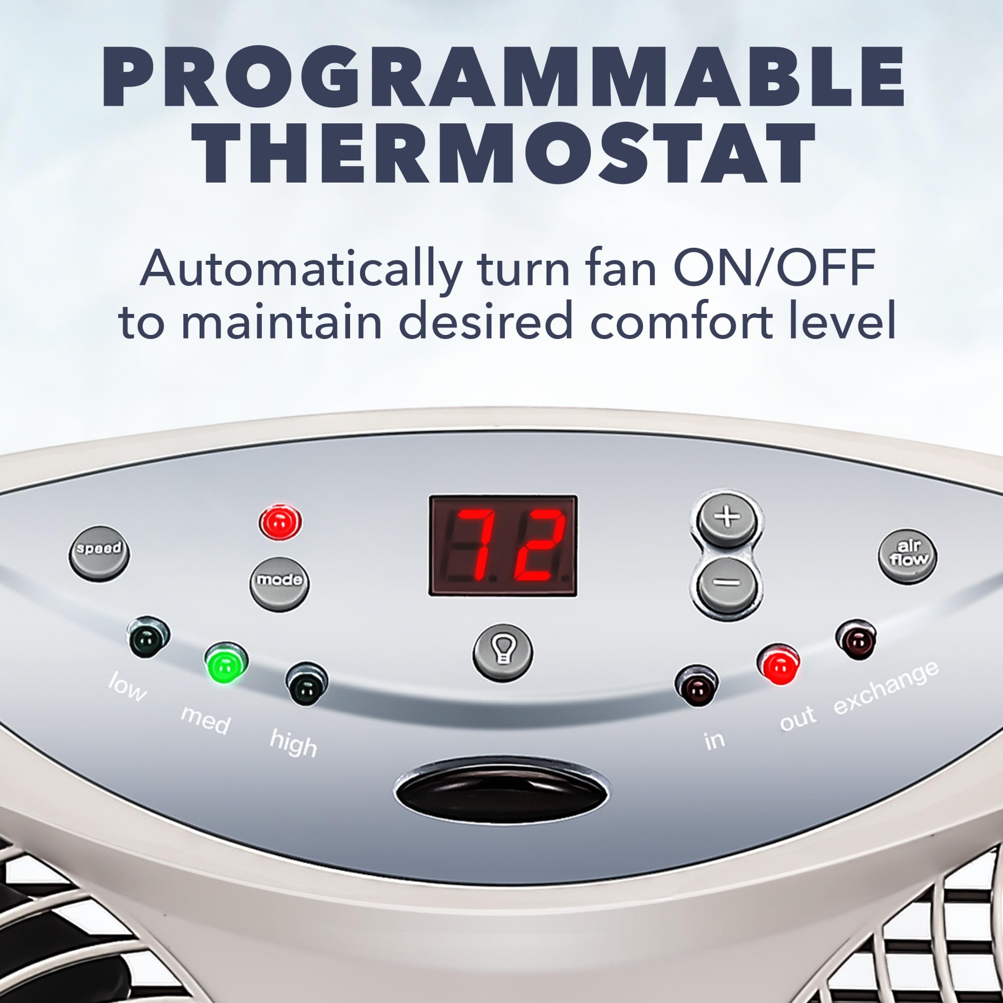 Bionaire window fan LED display visible for quick adjustments.