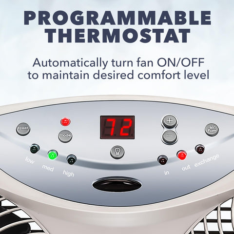 Bionaire window fan LED display visible for quick adjustments.