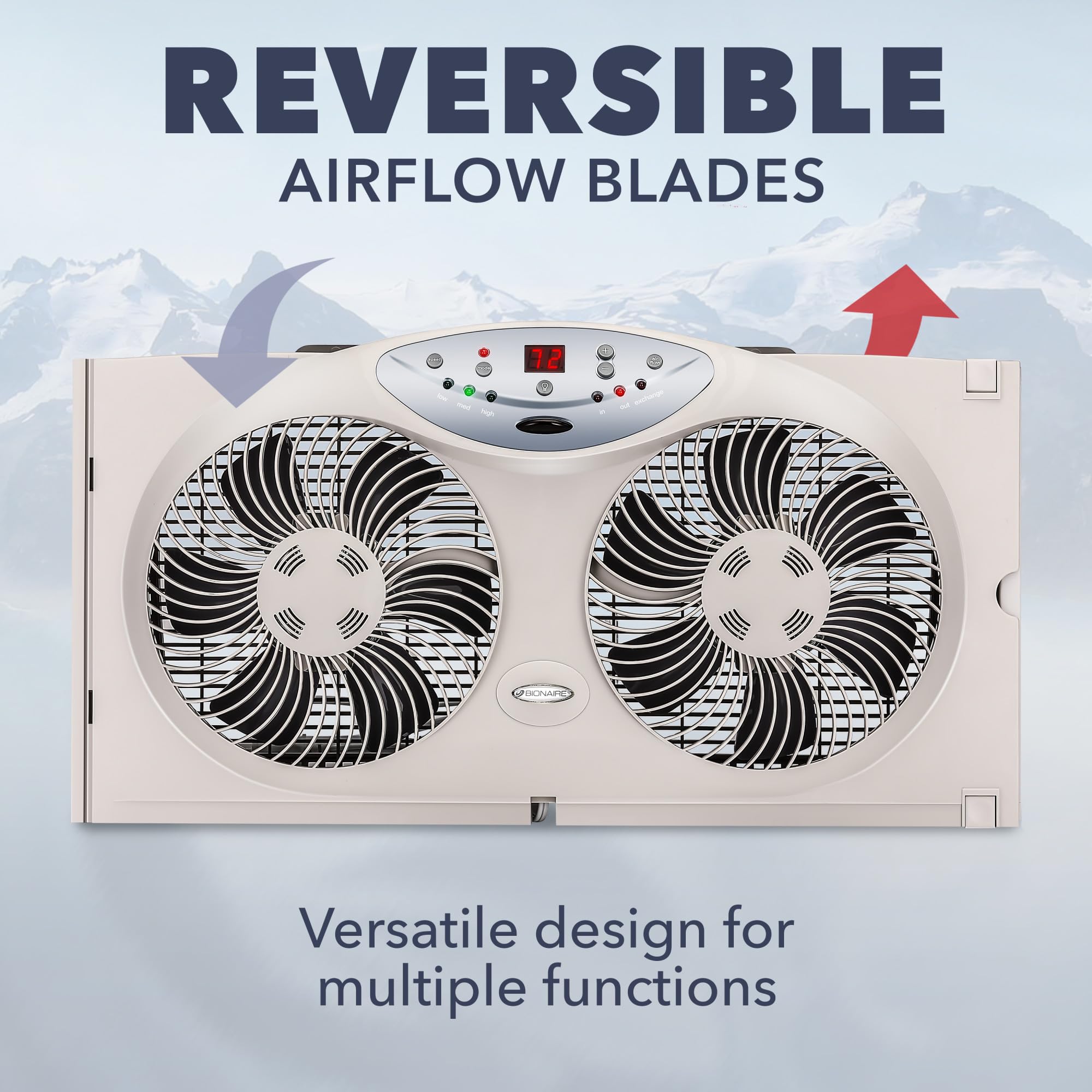 Bionaire window fan with reversible blades enabling flexible airflow.