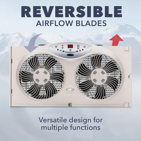 Bionaire window fan with reversible blades enabling flexible airflow.