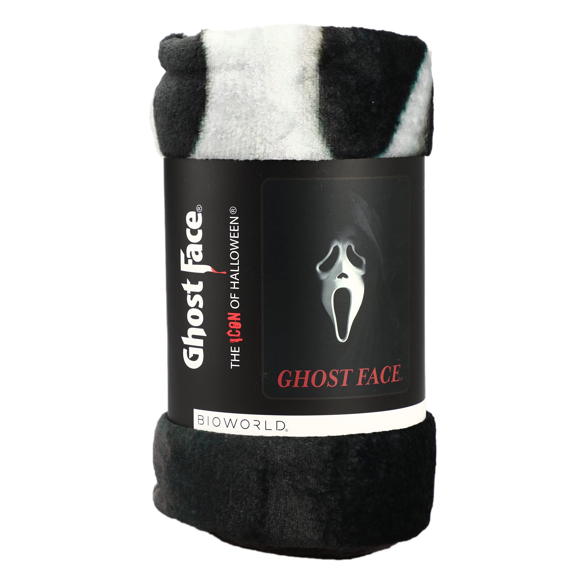 Bioworld Ghost Face Throw Blanket folded on couch for warm, inviting decor.