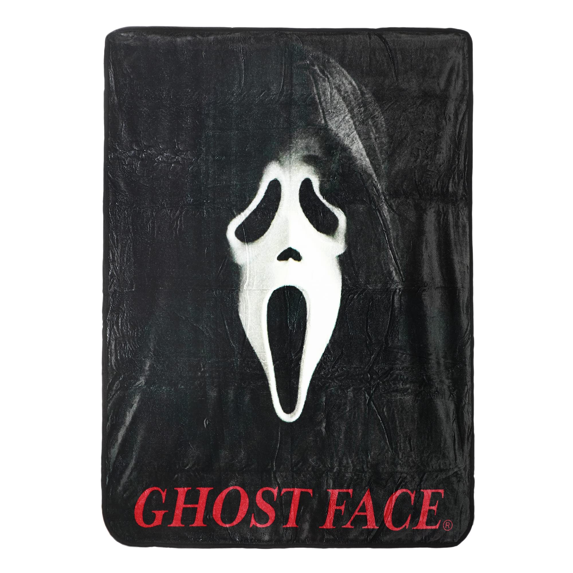 Bioworld Ghost Face Throw Blanket front print design, bold Scream mask for cozy movie nights.