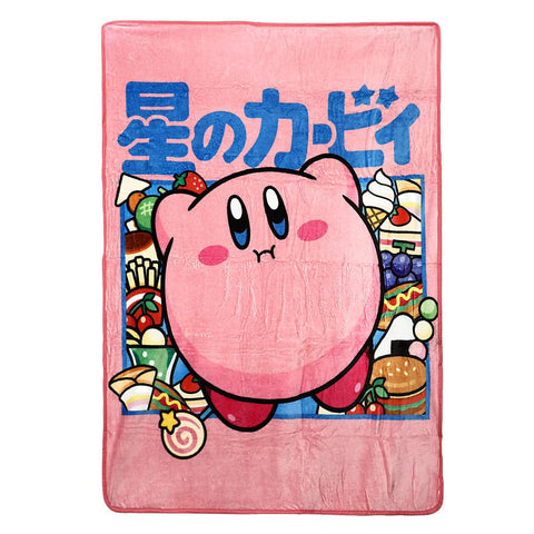 Bioworld Kirby Kanji Throw Blanket front view offers soft warmth for cozy gaming