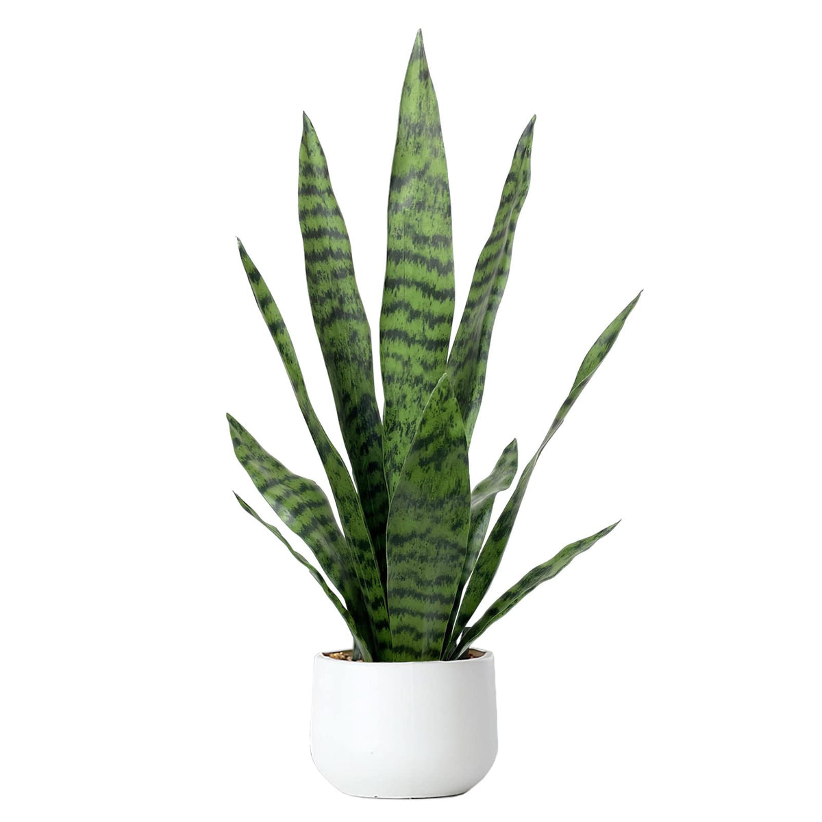 Bird Fiy artificial snake plant in a white pot adds lifelike greenery to any room.