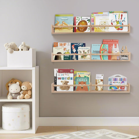 Birola shelves display books cover-forward, encouraging early reading habits.