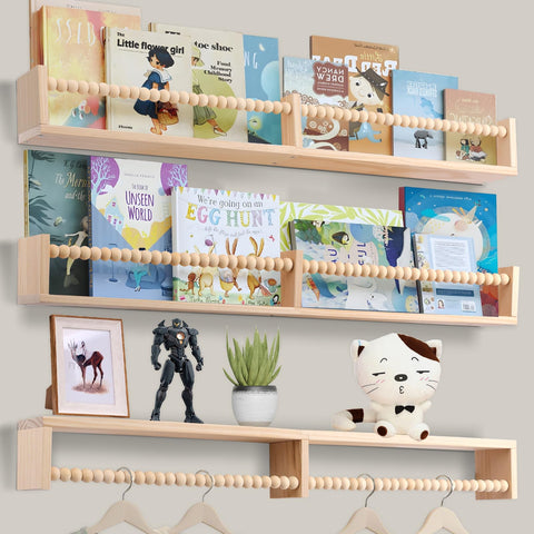 Birola floating wall shelves showcase books, saving floor space in playroom.