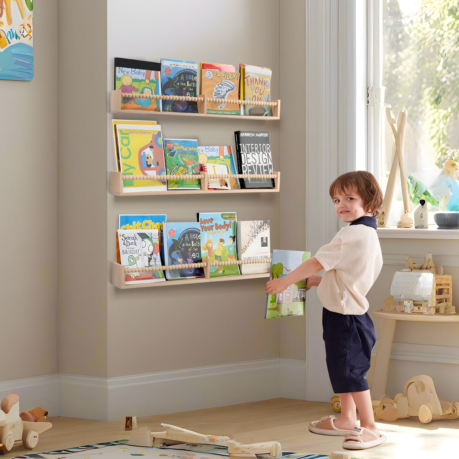 Birola space-saving nursery shelves help keep floors clear and organized.