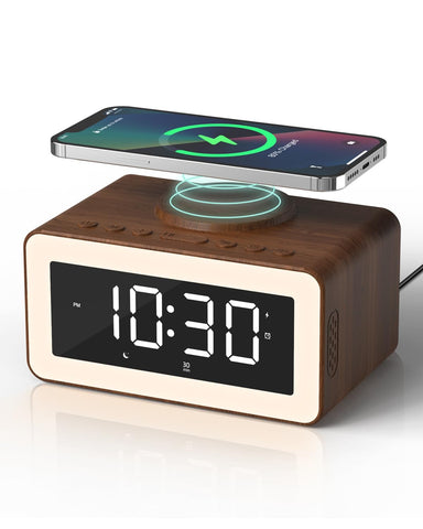 Biseoamz digital alarm clock with wood-grain finish on a nightstand for cozy decor.