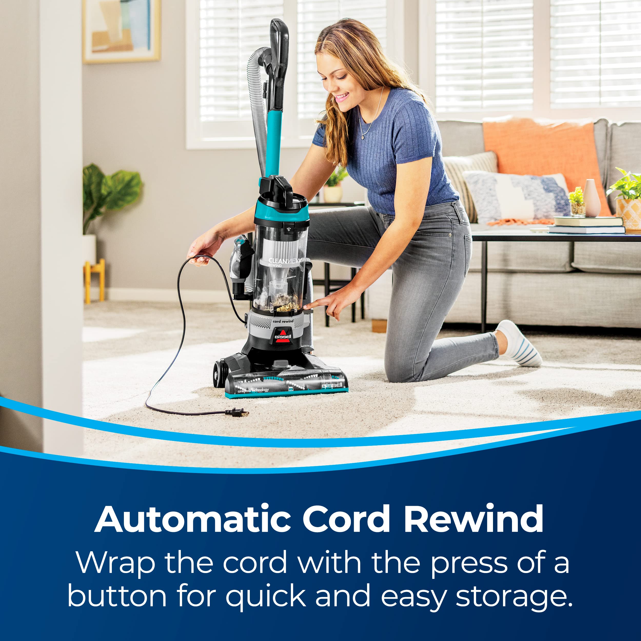 Bissell Automatic Cord Rewind keeps cleaning area tidy after use.