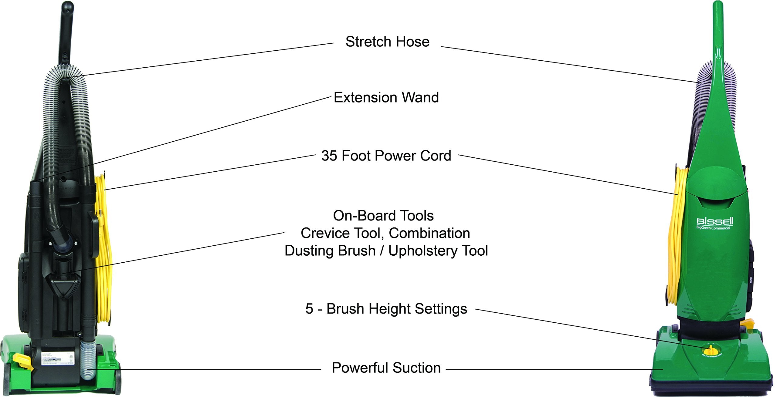 Bissell BigGreen PowerForce 30-foot cord enables extended cleaning sessions across rooms.