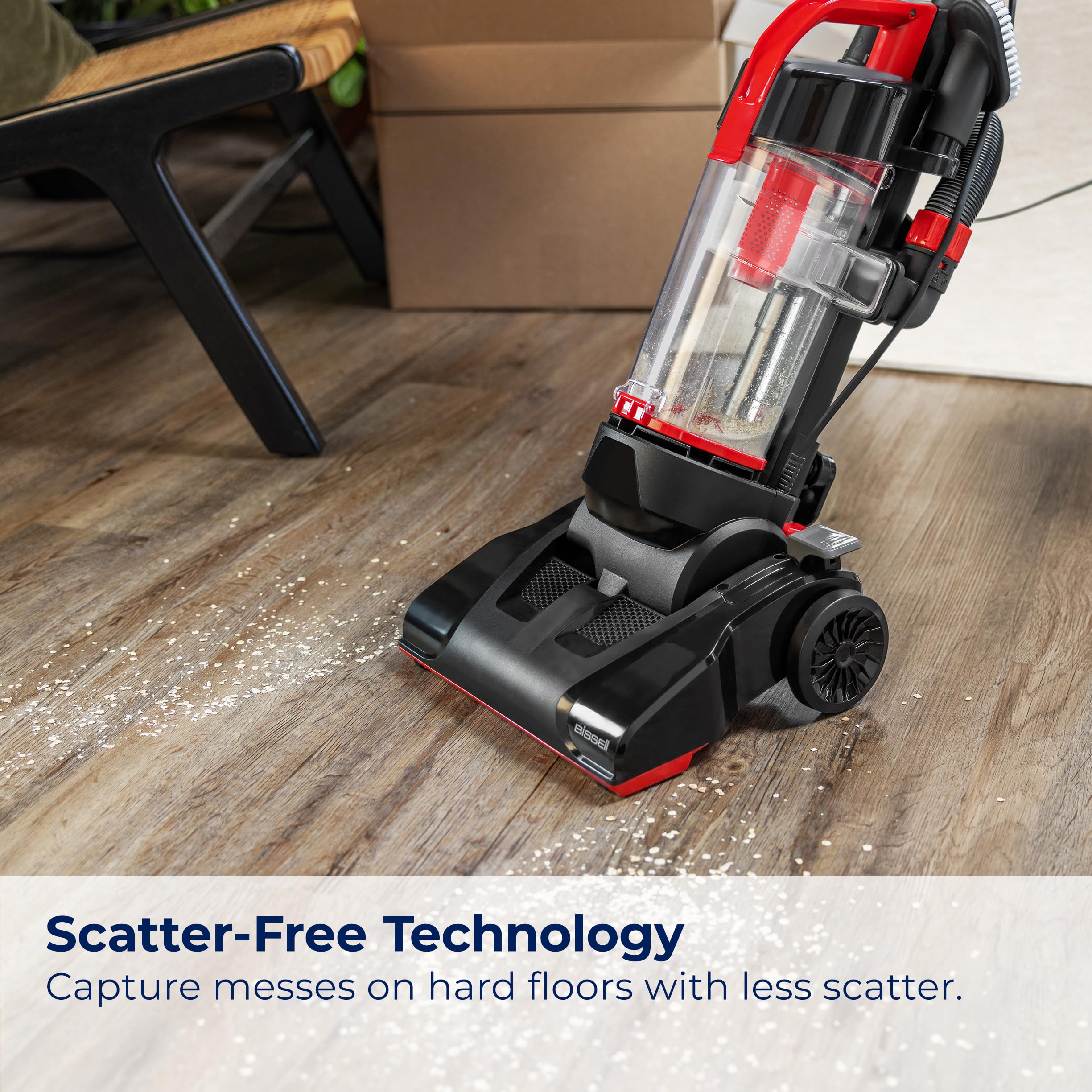 Bissell CleanView Compact scatter-free technology reduces floor mess dispersion.