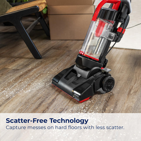 Bissell CleanView Compact scatter-free technology reduces floor mess dispersion.
