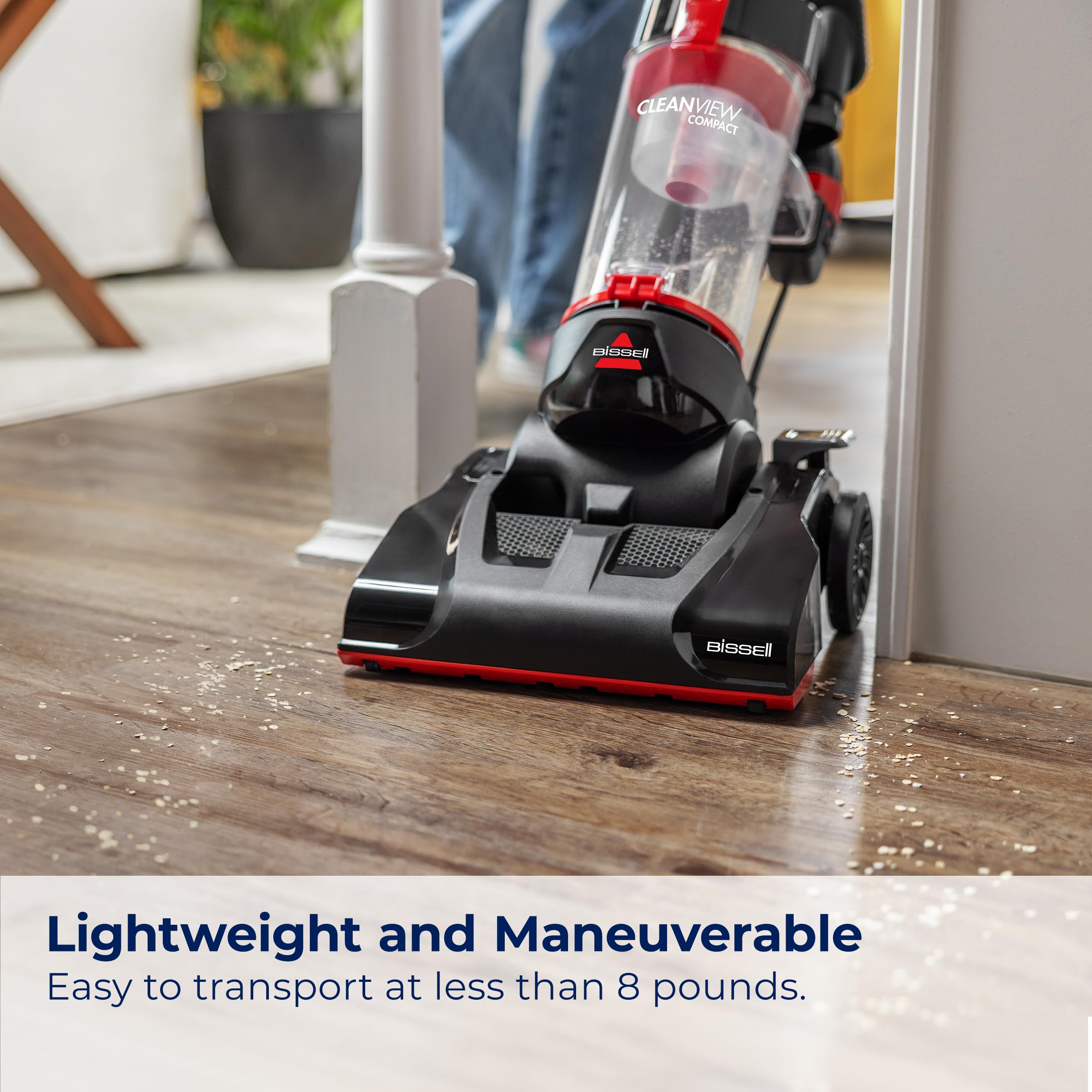 Bissell CleanView Compact vacuum side view highlighting slim profile for small spaces.