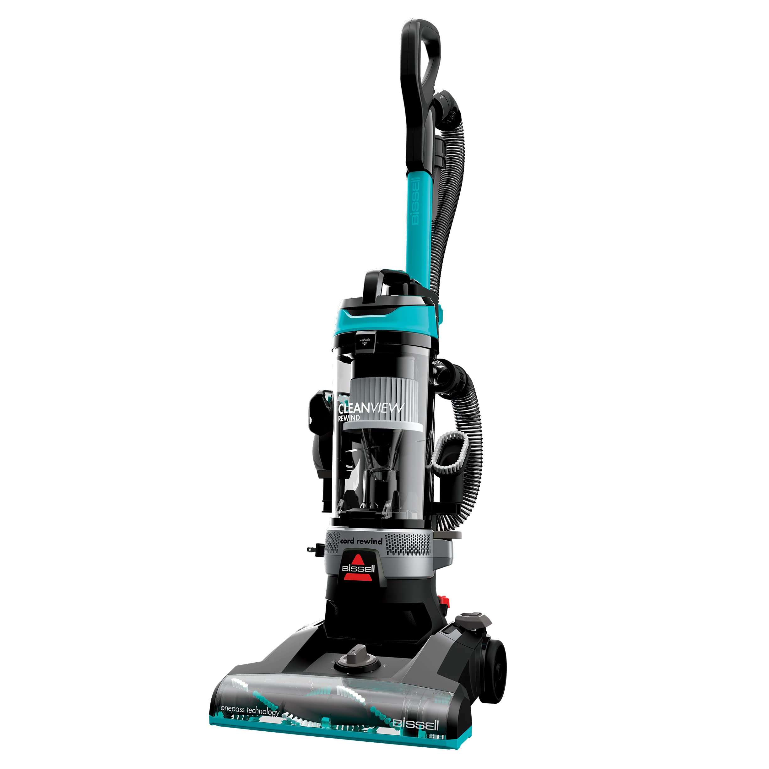 Bissell CleanView Rewind Pet vacuum with automatic cord rewind for easy storage.