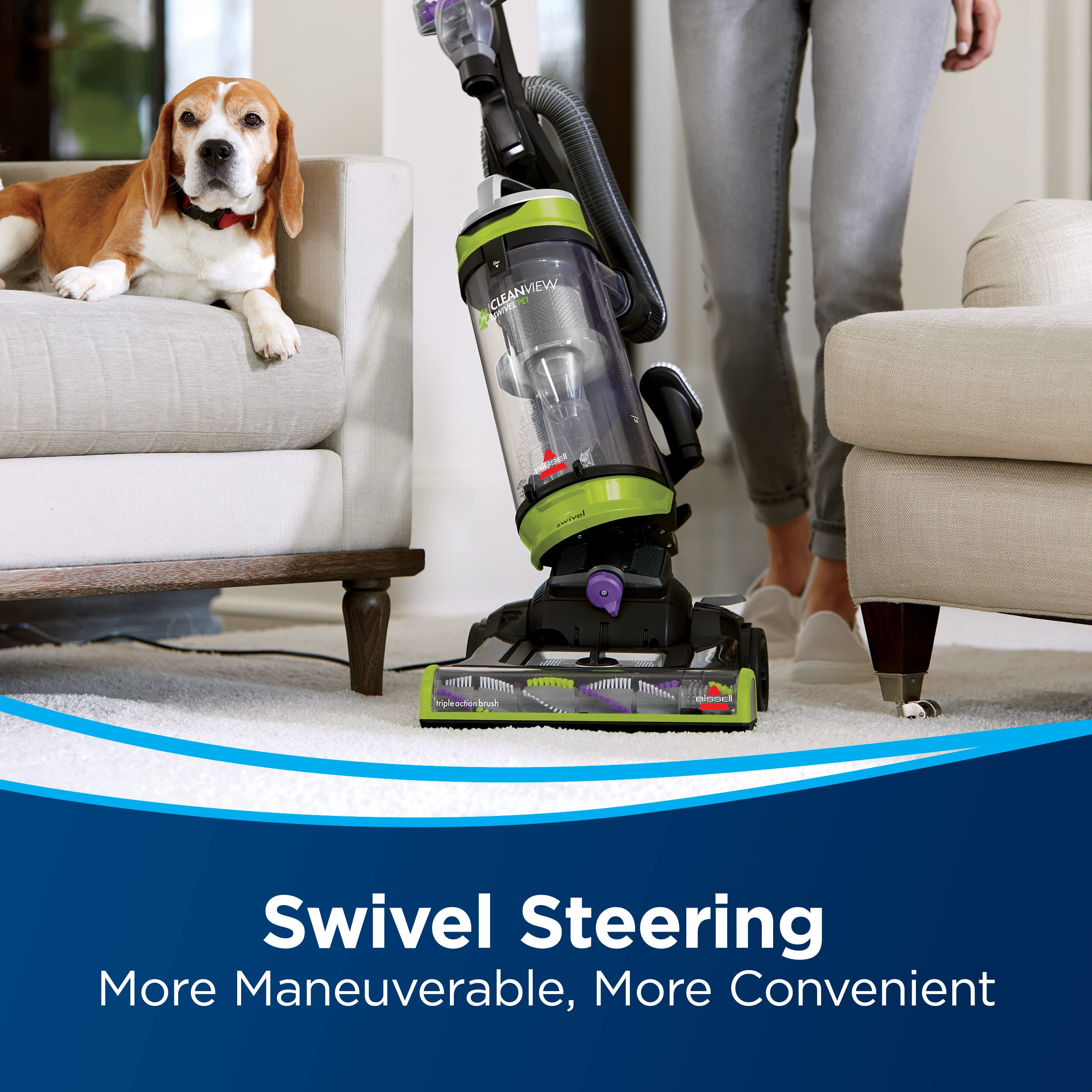 Bissell CleanView Swivel Pet Upright Vacuum shows scatter-free tech on hard floors.