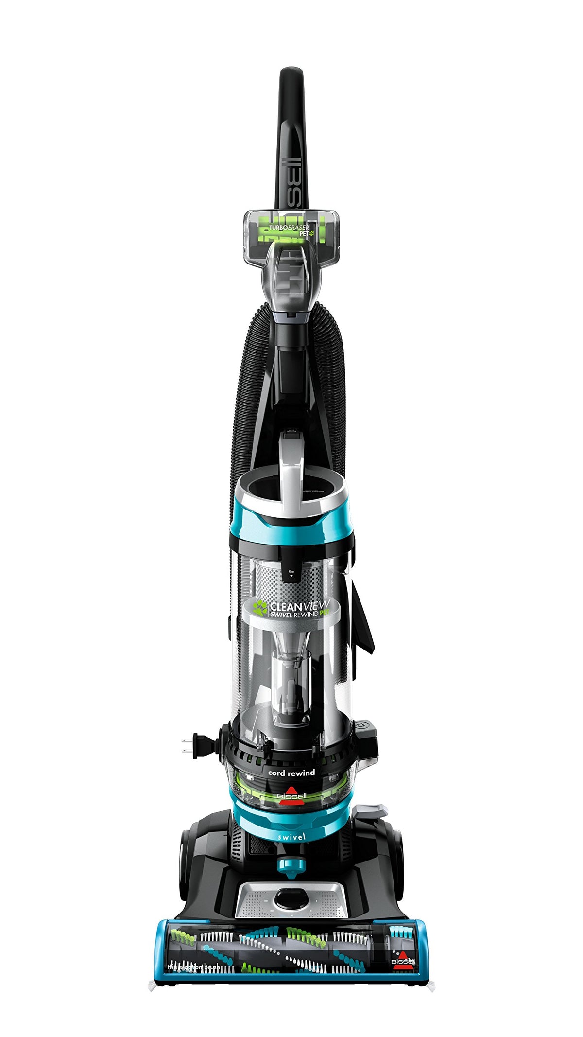 Bissell CleanView Swivel Rewind Pet upright front view showing the teal vacuum.