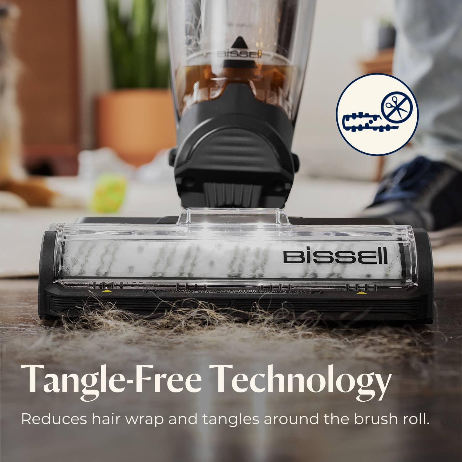 Tangle-free brushroll design handles pet hair with less wrap