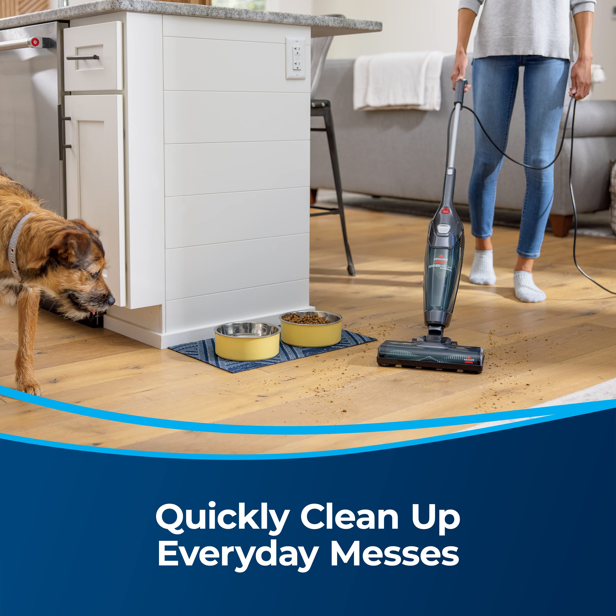 Bissell Featherweight PowerBrush quick-release handle enables stick-to-hand cleaning.