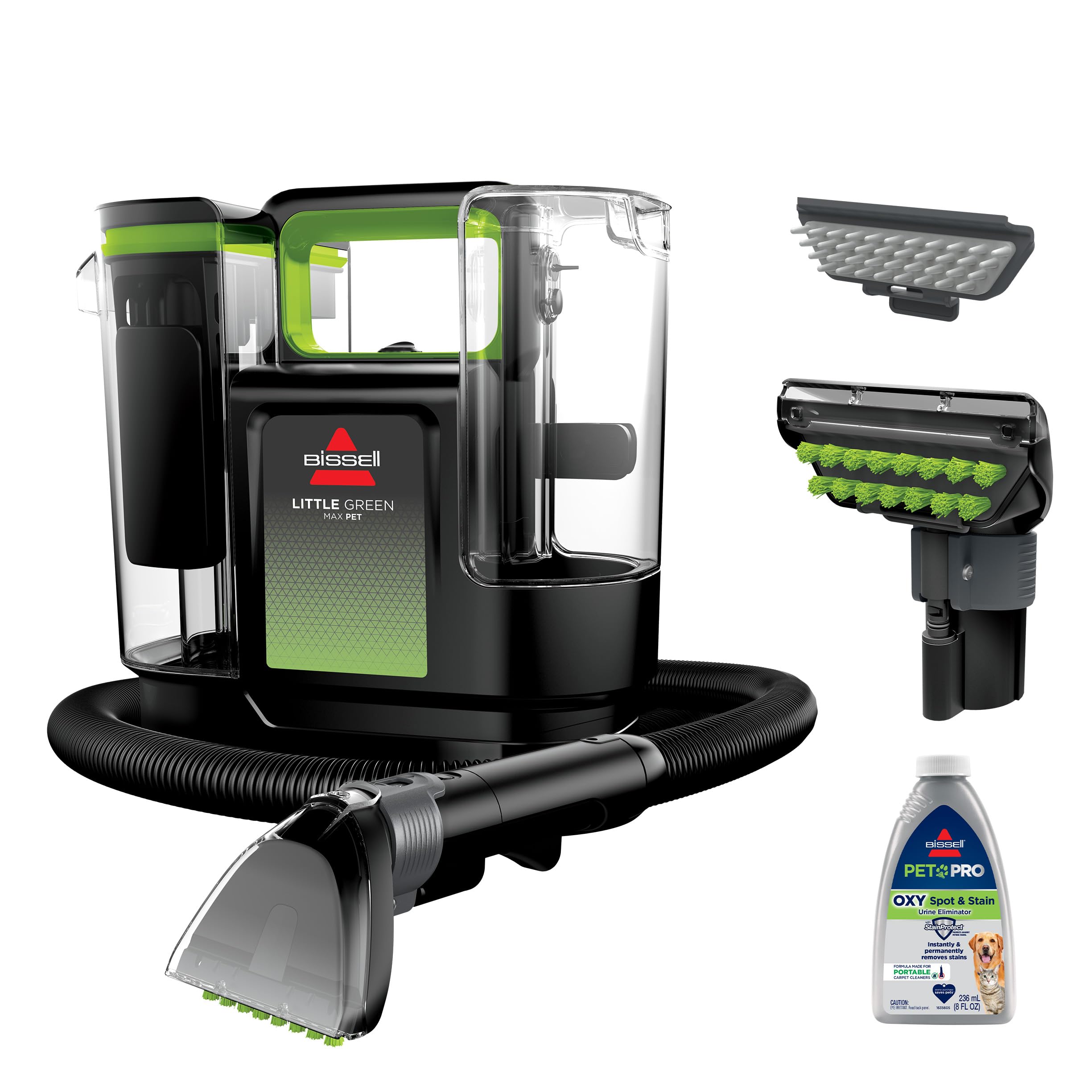 Bissell Little Green Max Pet cleaner tackling a stain on carpet with strong suction.