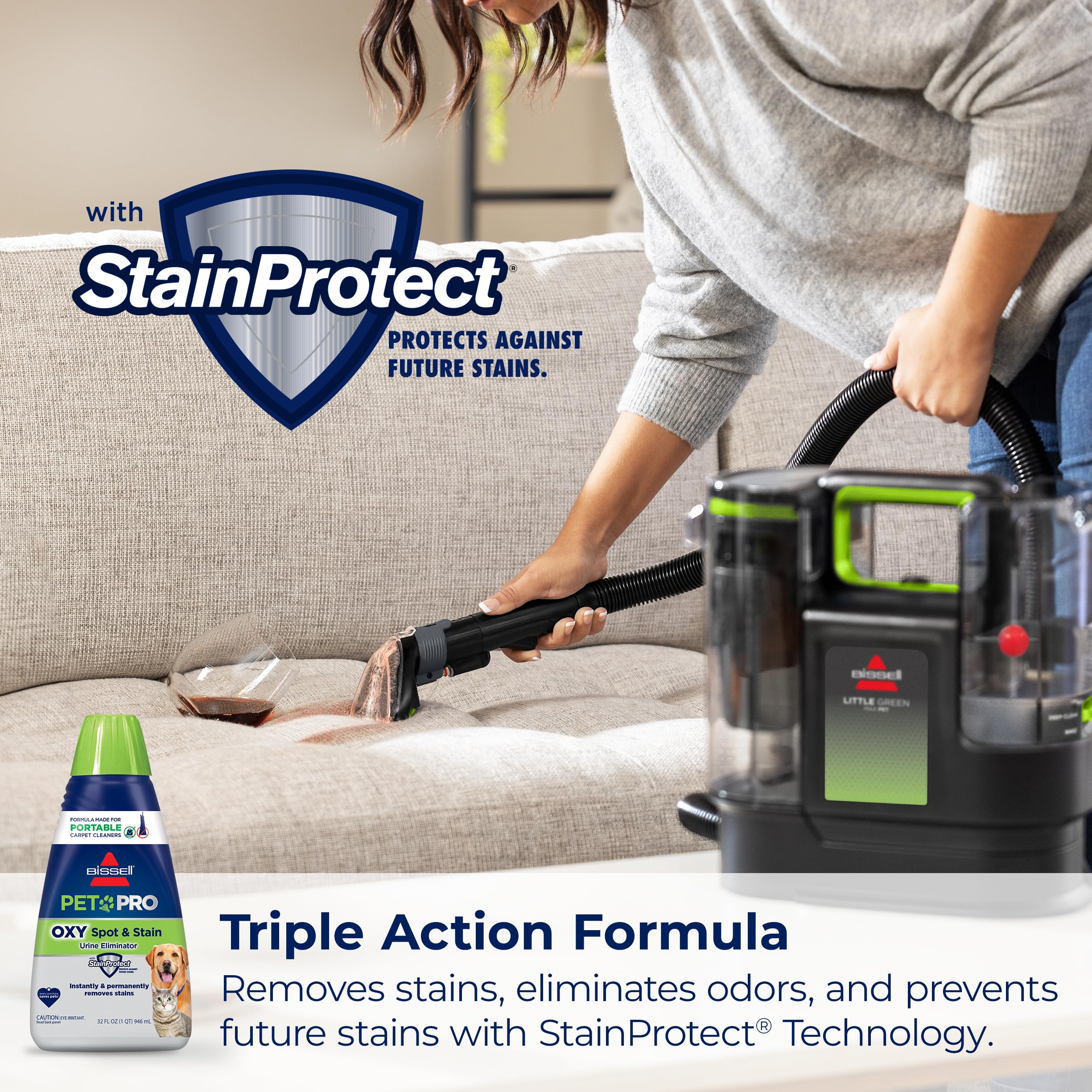 BISSELL Little Green Max Pet SmartMix used on a sofa for upholstery cleaning