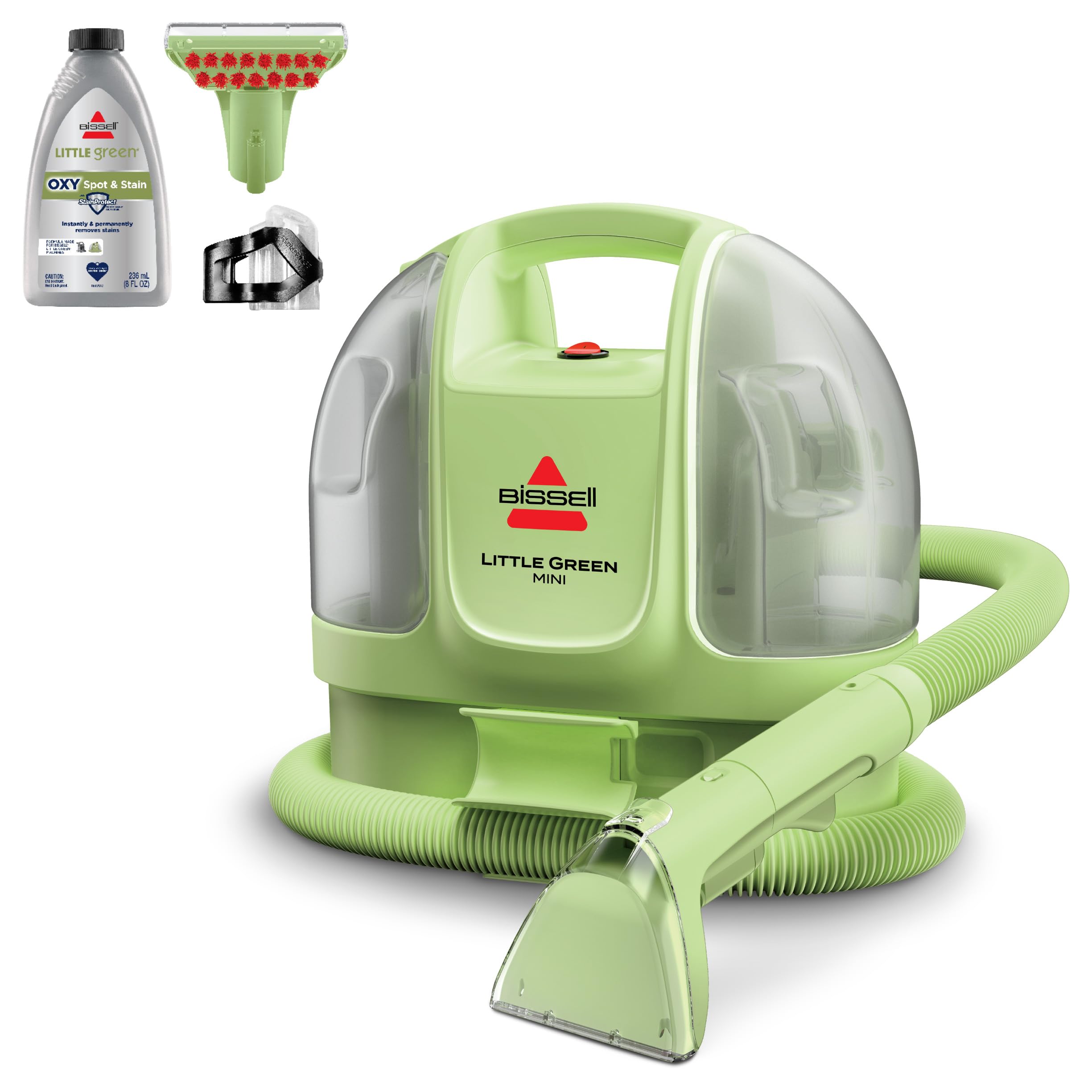 BISSELL Little Green Mini front view shows compact cleaner ready for tight spaces and quick spot cleaning