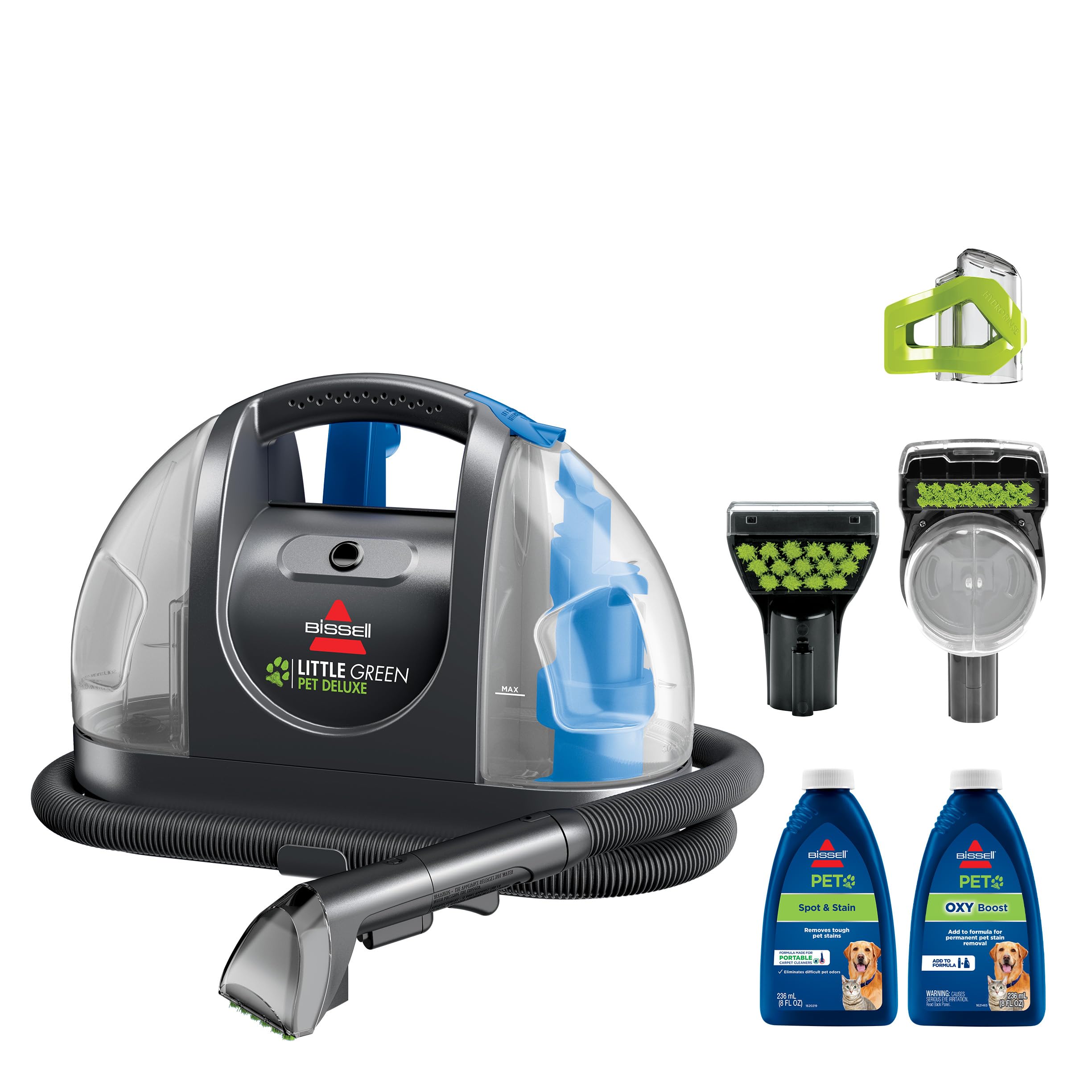 Bissell Little Green Pet Deluxe cleaner in action spraying to tackle small spills