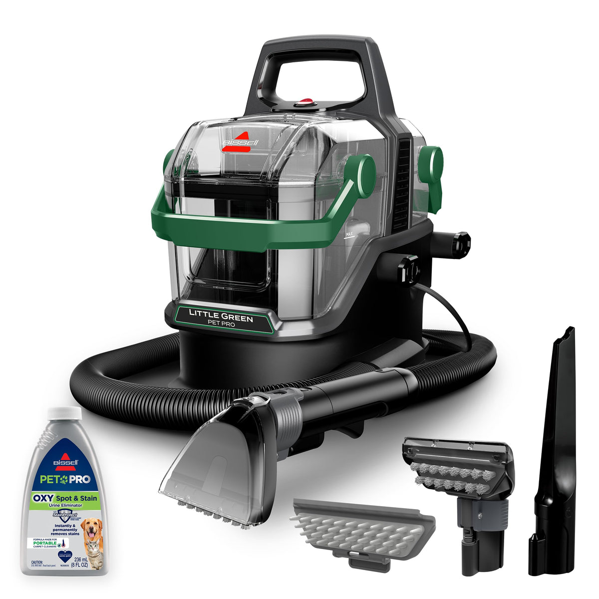 Bissell Little Green Pet Pro front view for quick pet mess cleanups.