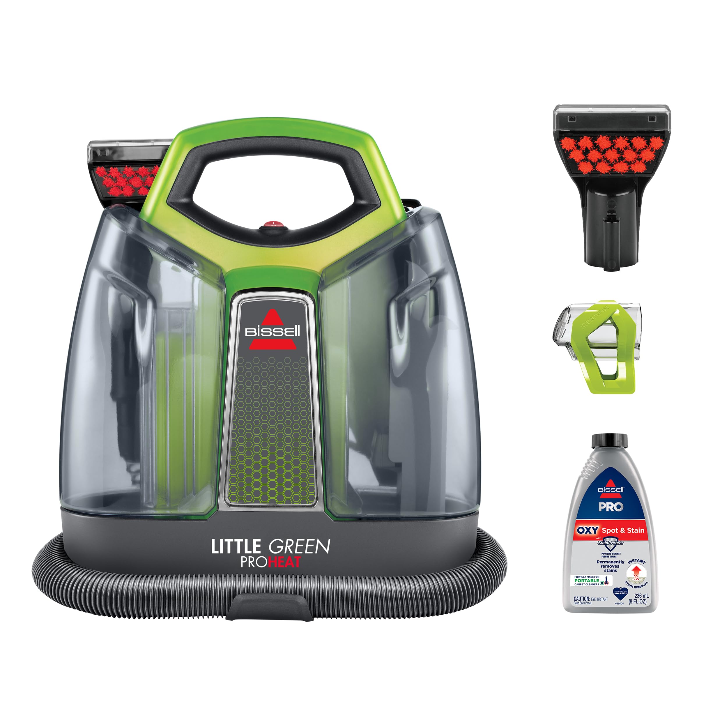 Bissell Little Green Proheat with hydro rinse tool rinses hose after use to reduce odor.