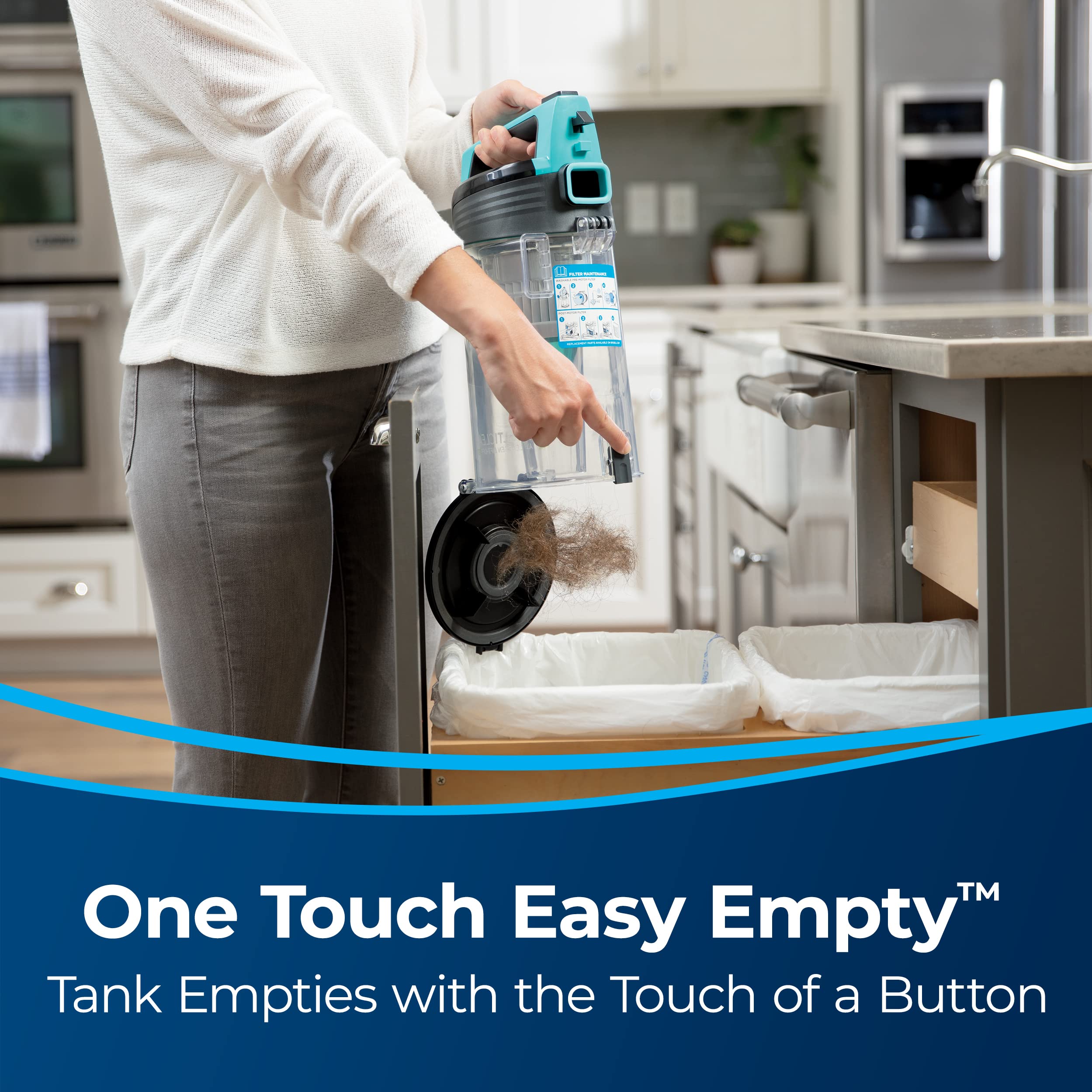 BISSELL Easy-Empty dirt tank simplifies debris disposal after use.