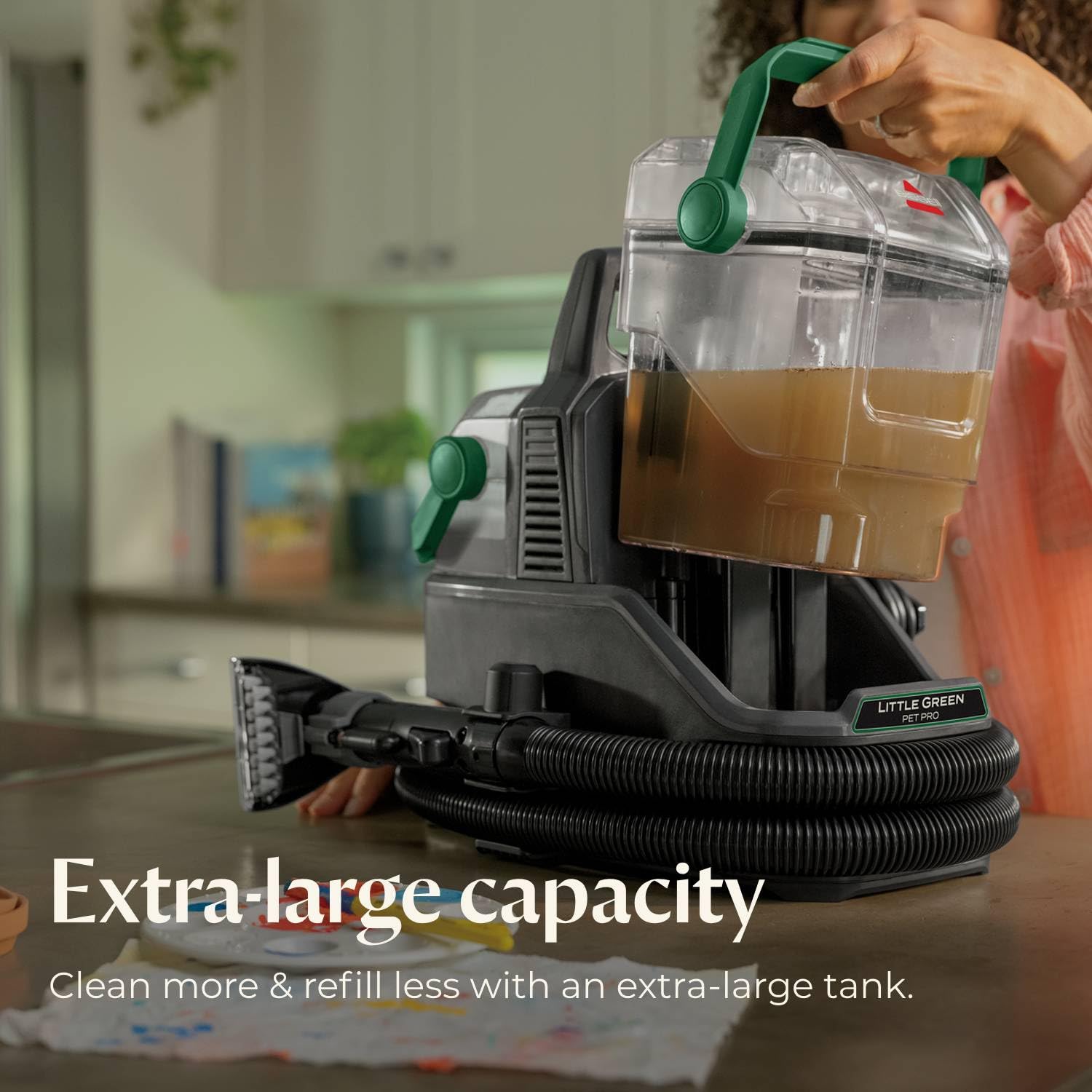 Bissell Little Green Pet Pro large tank enables longer cleanings.