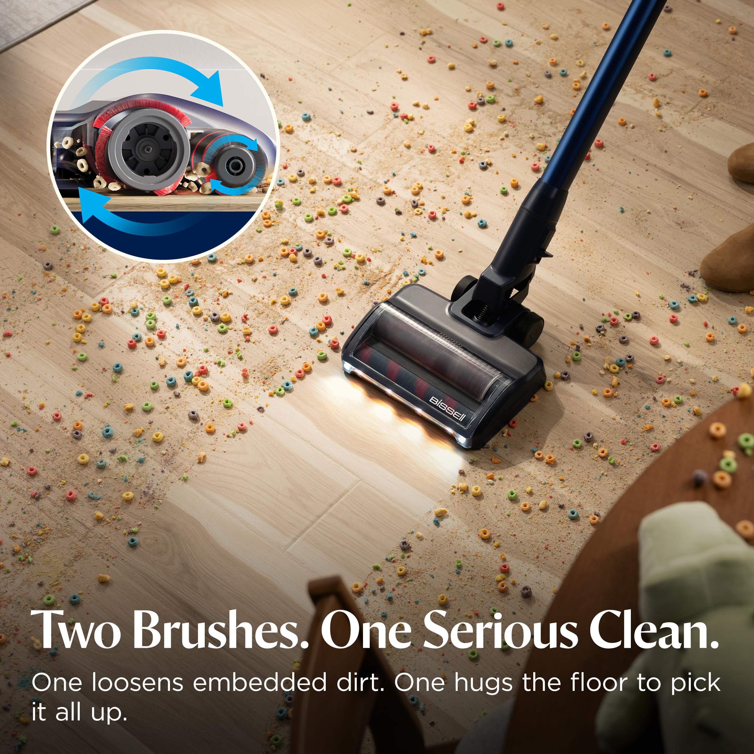 Bissell PowerClean FurFinder Headlights reveal pet hair and dust on floors.
